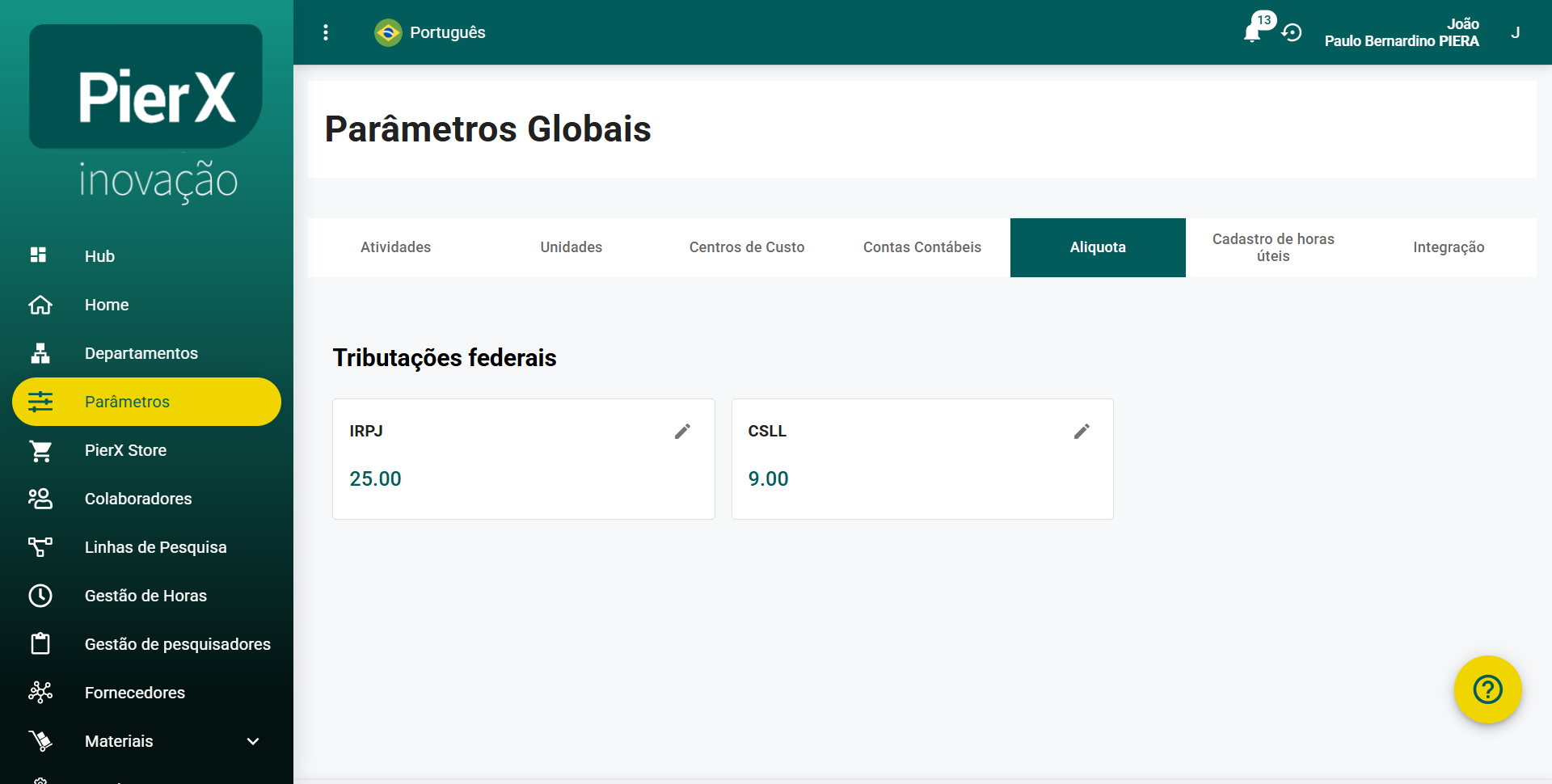AÇÃO: Aba Aliquota com campos IRPJ e CSLL editáveis