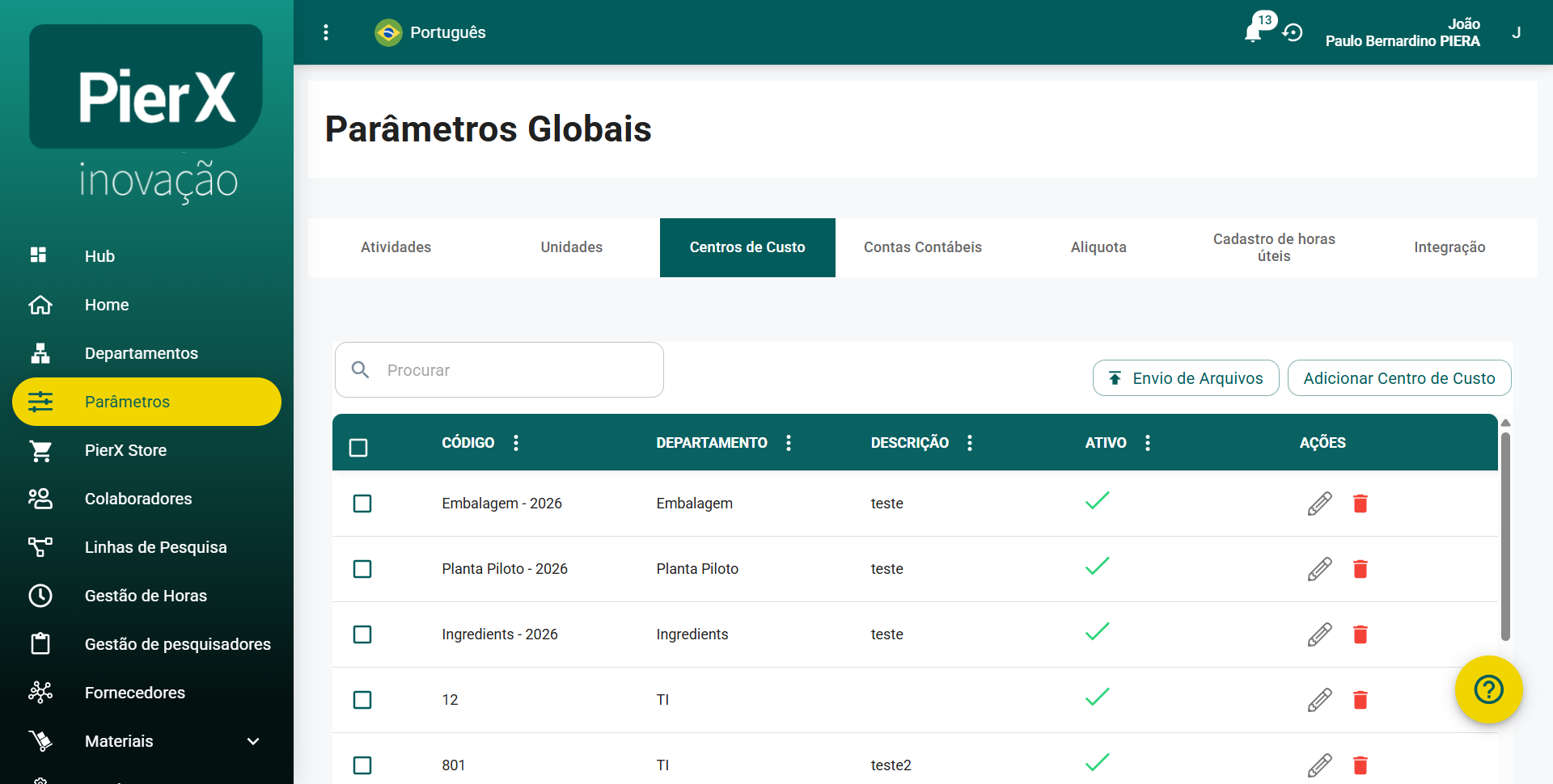 AÇÃO: Aba Centros de Custo selecionada com botões de envio de arquivo e adição manual