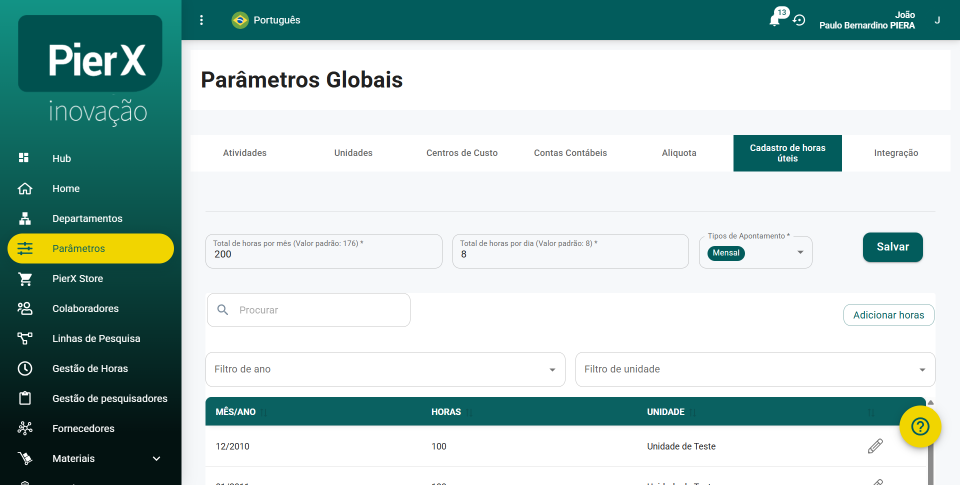 AÇÃO: Aba Cadastro de horas úteis com campos de configuração e tabela de horas por mês