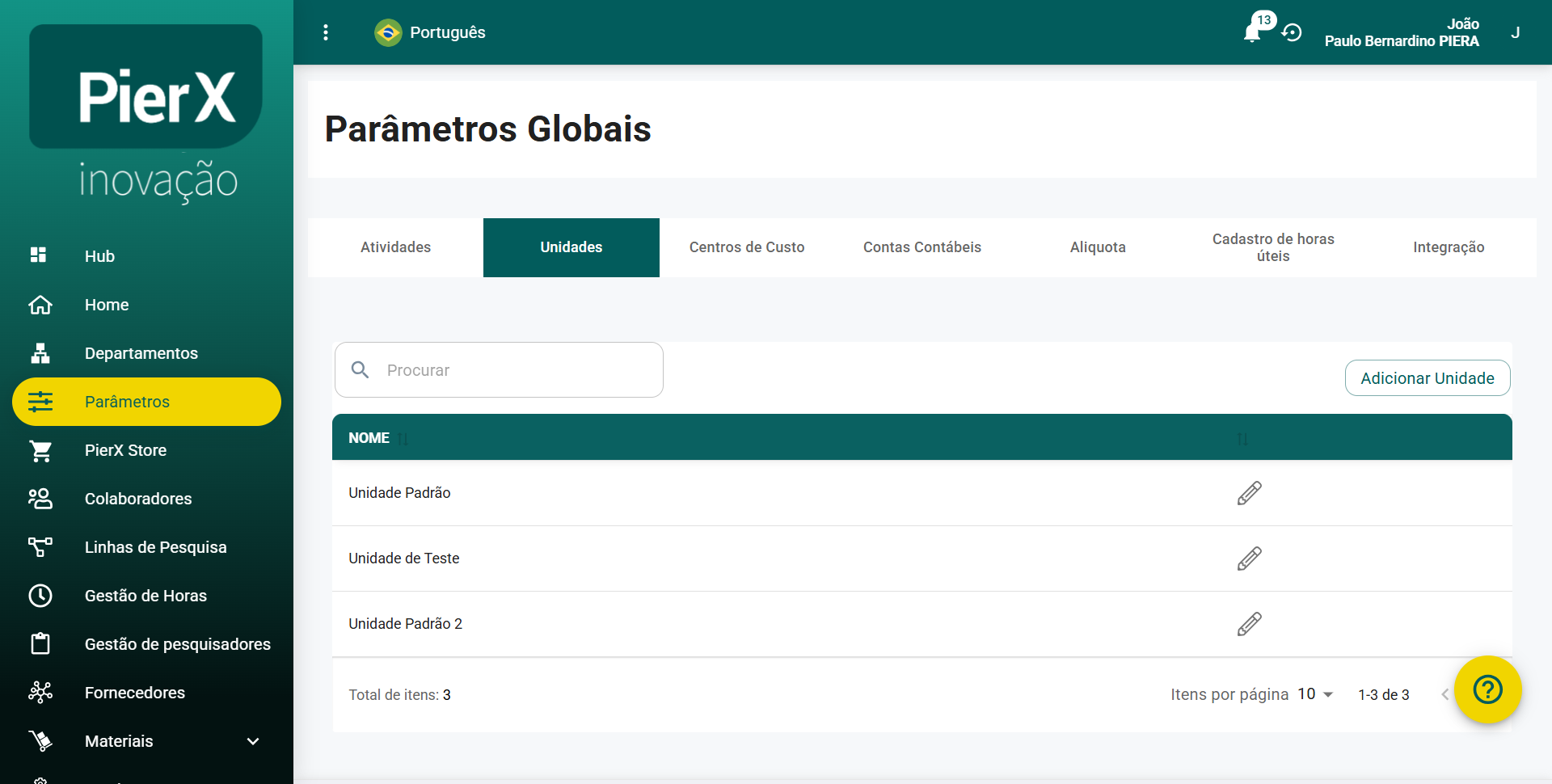 AÇÃO: Aba Unidades selecionada. Tabela de unidades