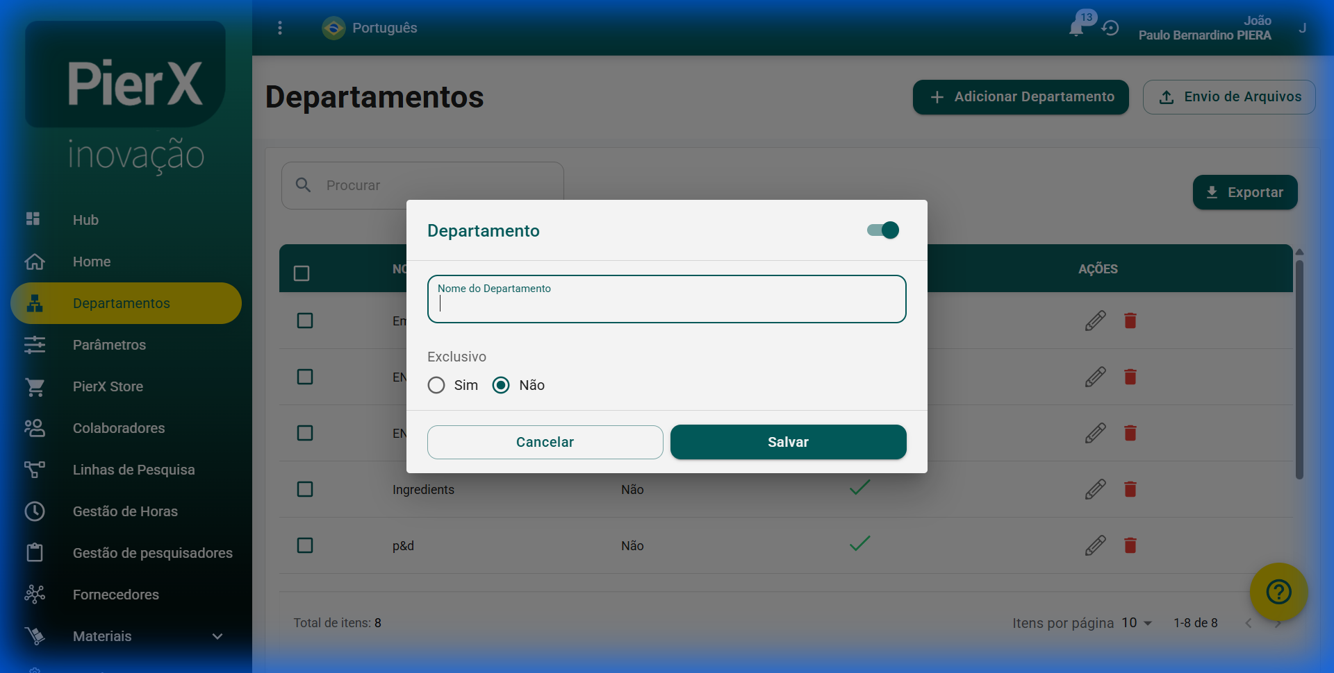 AÇÃO: Modal de criação com campos Nome do Departamento e Exclusivo