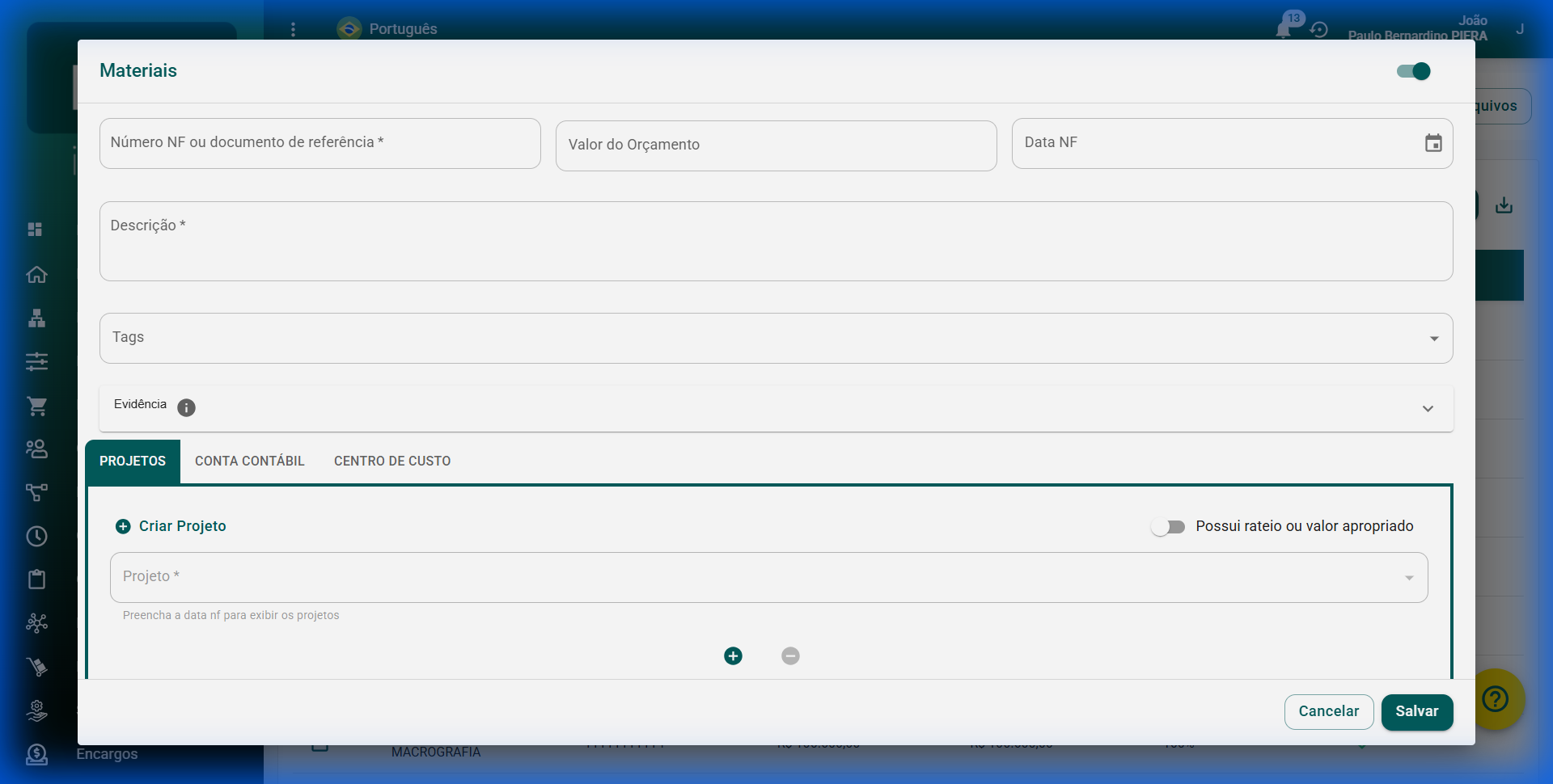 AÇÃO: Modal de cadastro na aba PROJETOS com os campos obrigatórios destacados