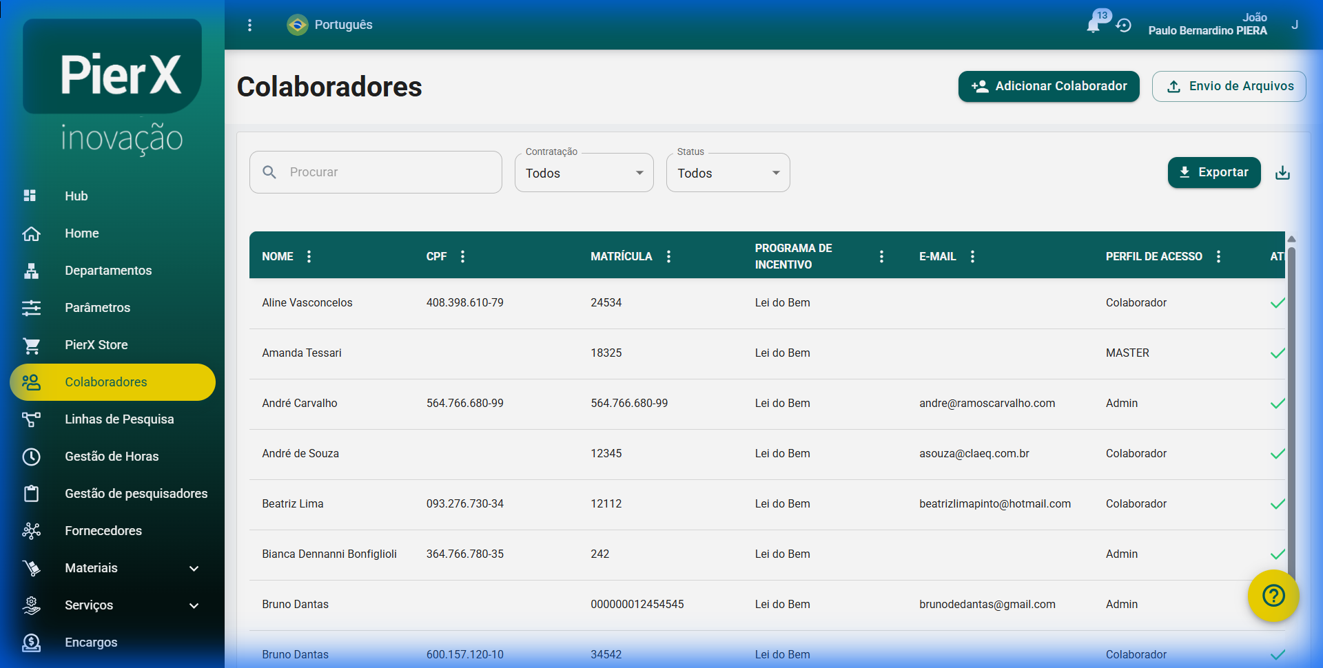 AÇÃO: Lista de colaboradores com o botão "Adicionar Colaborador" destacado