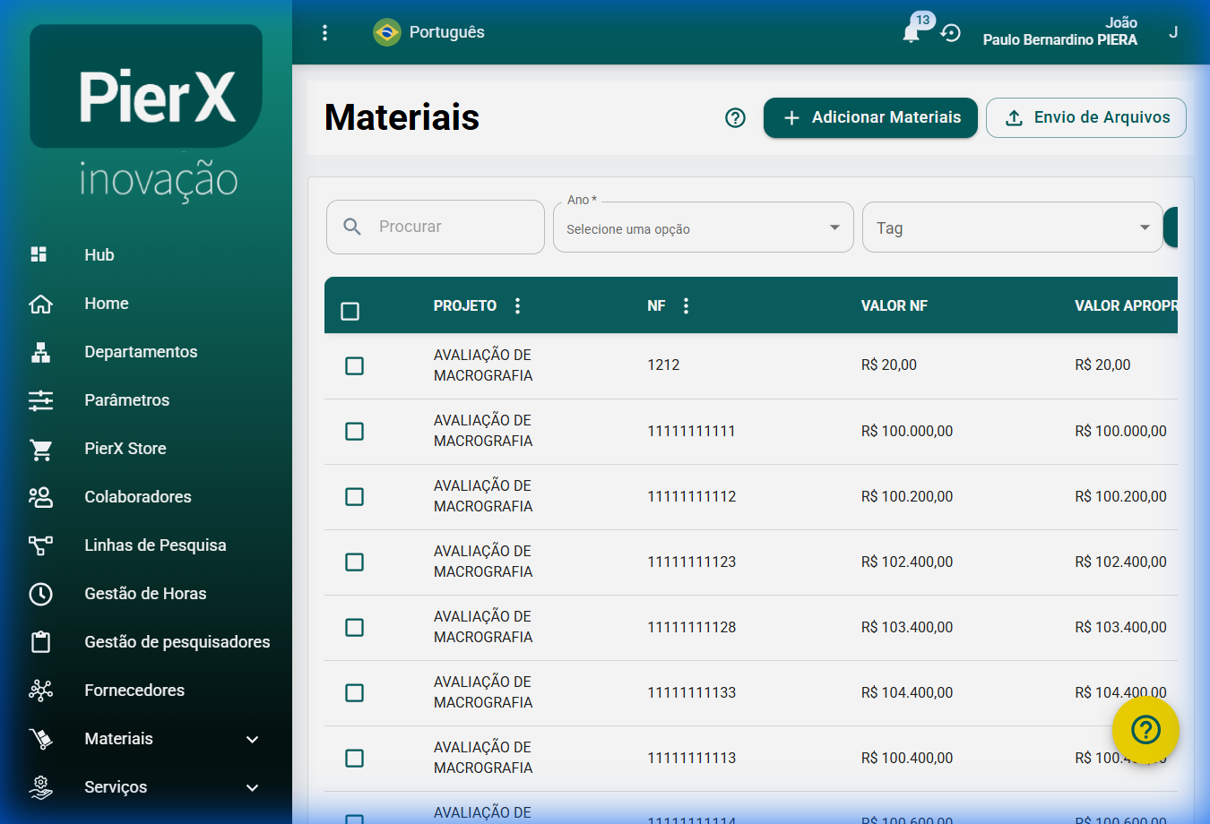 AÇÃO: Tabela de materiais com o botão "Adicionar Materiais" destacado