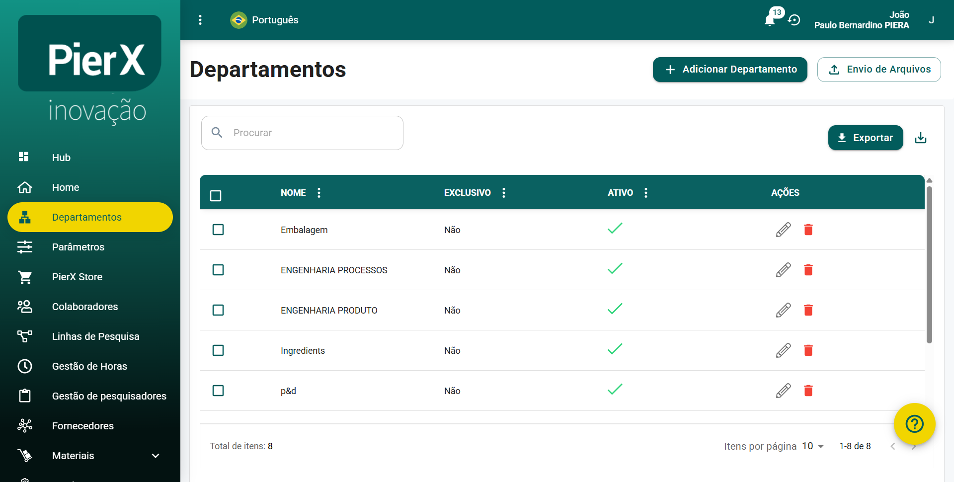 AÇÃO: Menu Administração expandido com item "Departamentos" destacado