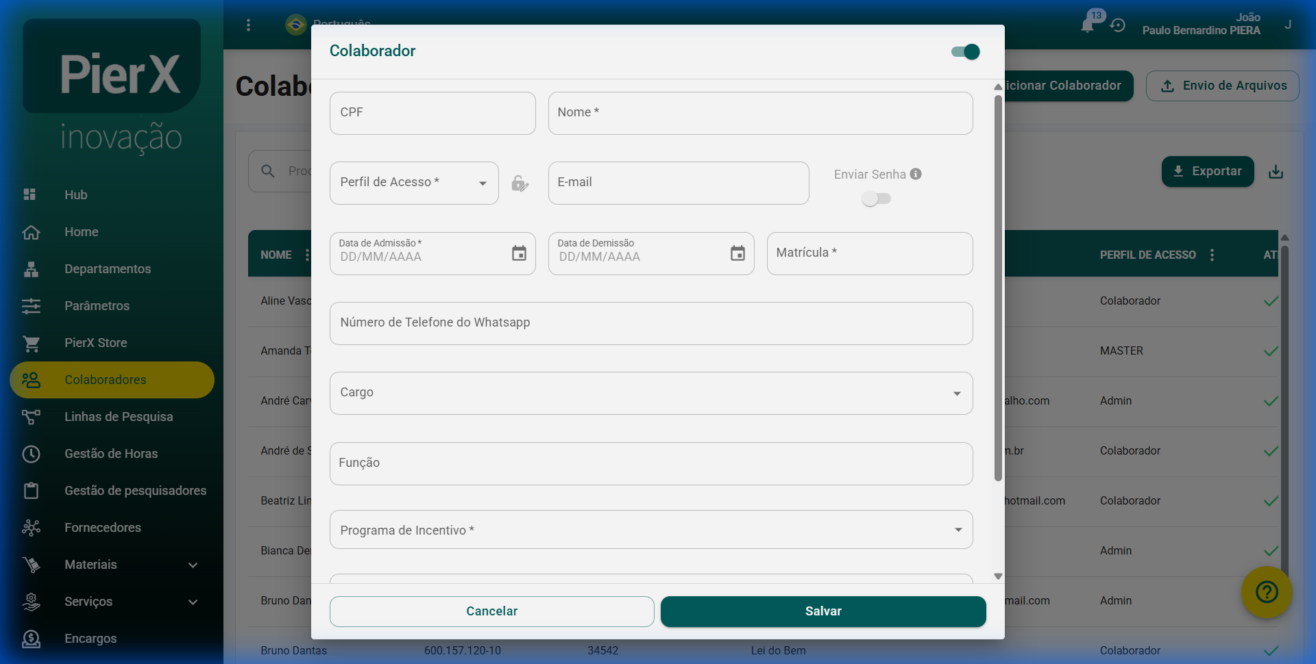 AÇÃO: Botão "Salvar" no rodapé do modal
